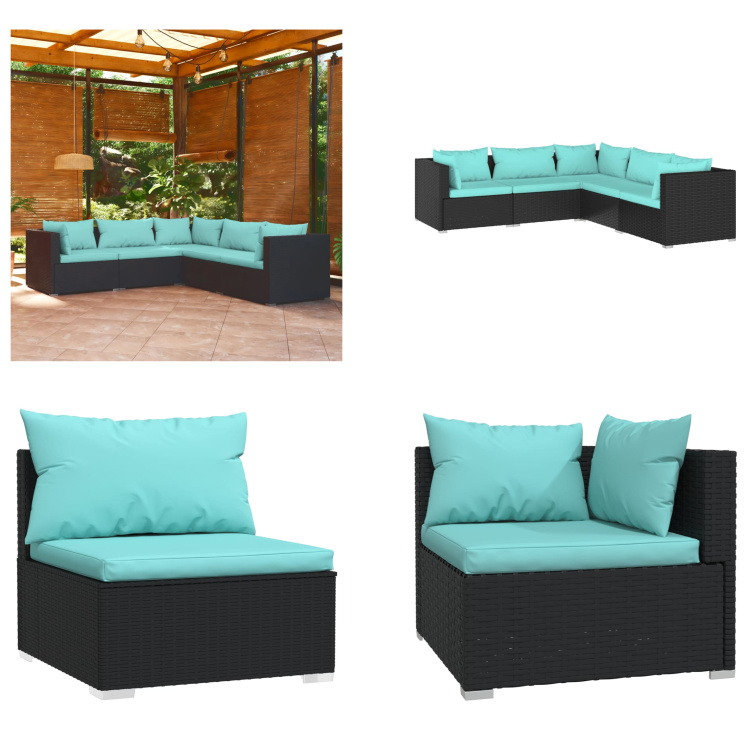 vidaXL 5-częściowy zestaw wypoczynkowy do ogrodu z poduszkami z czarnego rattanu - zestaw wypoczynkowy do ogrodu - zestawy wypoczynkowe do ogrodu - zestaw wypoczynkowy na patio - zestaw sof ogrodowych