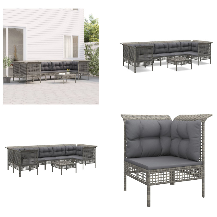 vidaXL 8-częściowy zestaw wypoczynkowy do ogrodu z poduszkami z szarego polirattanu - Zestaw wypoczynkowy do ogrodu - Zestawy wypoczynkowe do ogrodu - Zestaw wypoczynkowy - Zestaw mebli ogrodowych