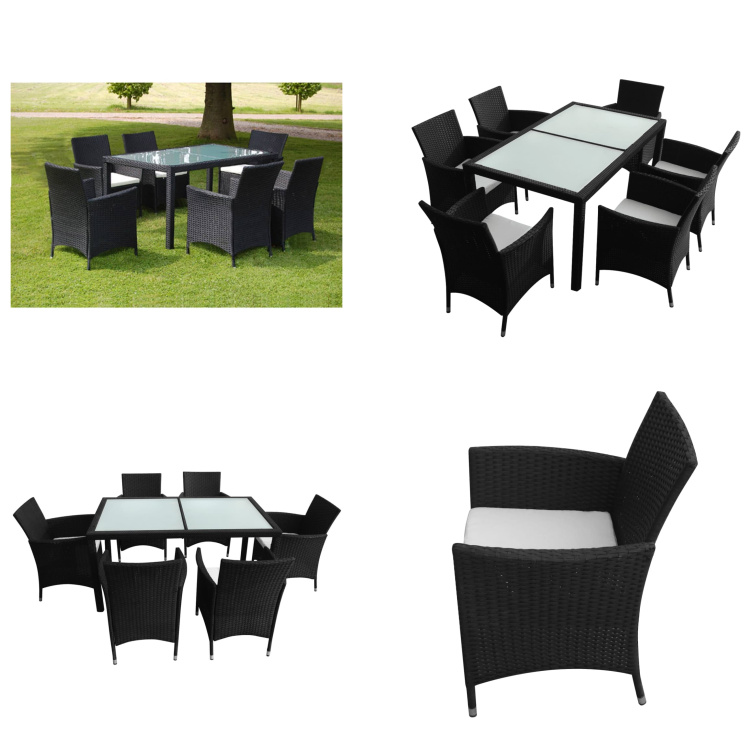 vidaXL 7-częściowy ogrodowy zestaw jadalniany z poduszkami z czarnego rattanu - Zestaw mebli ogrodowych - Zestawy mebli ogrodowych - Ogrodowy zestaw jadalniany - Ogrodowe zestawy jadalniane