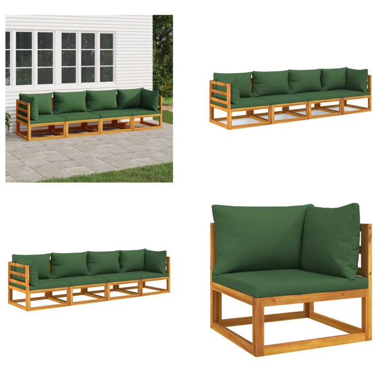 vidaXL 4-częściowy zestaw wypoczynkowy do ogrodu z zielonymi poduszkami z litego drewna - Zestaw wypoczynkowy do ogrodu - Zestawy wypoczynkowe do ogrodu - Zestaw wypoczynkowy na zewnątrz - Zestaw wypoczynkowy na taras