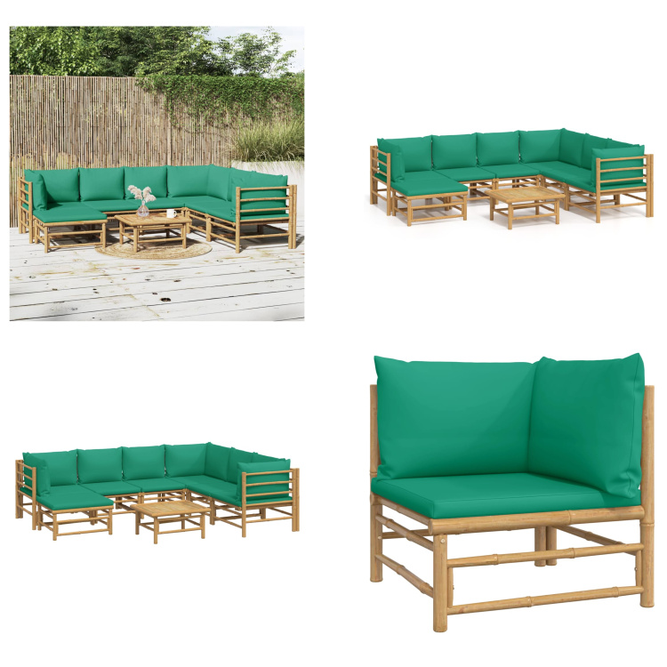 vidaXL 8-częściowy zestaw wypoczynkowy do ogrodu z zielonymi poduszkami bambusowymi - Zestaw wypoczynkowy do ogrodu - Zestawy wypoczynkowe do ogrodu - Zestaw wypoczynkowy - Zestaw mebli ogrodowych