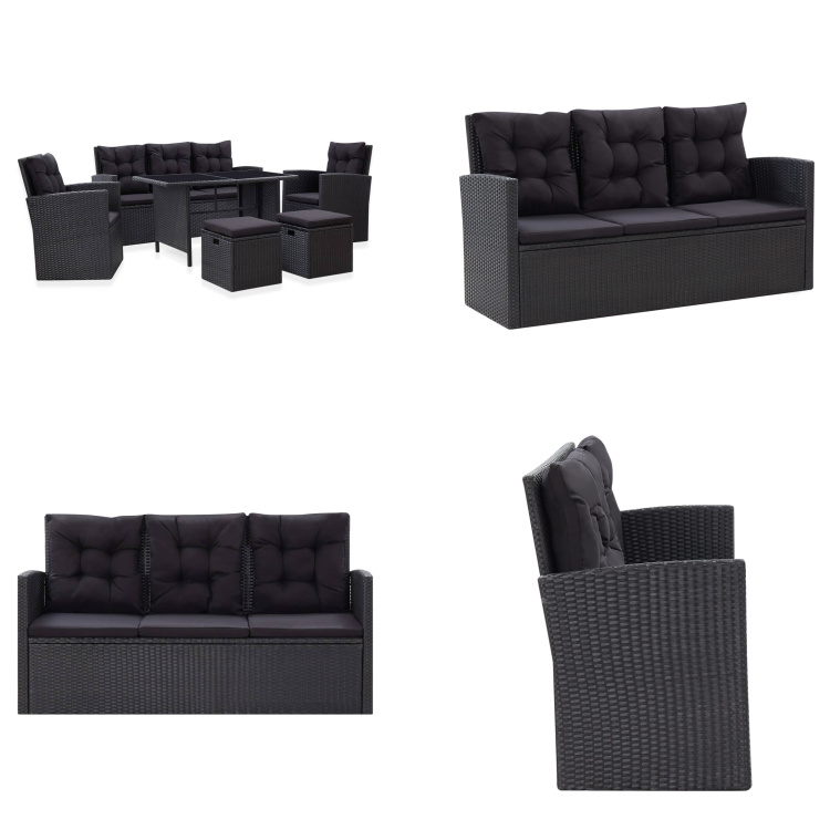 vidaXL 6-częściowy zestaw wypoczynkowy do ogrodu z poduszkami z czarnego rattanu - Zestaw sof ogrodowych - Zestawy sof ogrodowych - Zestawy sof ogrodowych - Zestawy sof ogrodowych