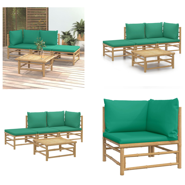 vidaXL 4-częściowy zestaw wypoczynkowy do ogrodu z zielonymi bambusowymi poduszkami - Zestaw wypoczynkowy do ogrodu - Zestawy wypoczynkowe do ogrodu - Zestaw wypoczynkowy - Zestaw mebli ogrodowych