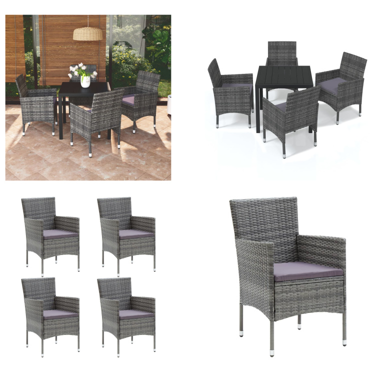 vidaXL 5-częściowy ogrodowy zestaw do jadalni z poduszkami z szarego rattanu - Zestaw do jadalni - Zestawy do jadalni - Ogrodowy zestaw do jadalni - Ogrodowe zestawy do jadalni