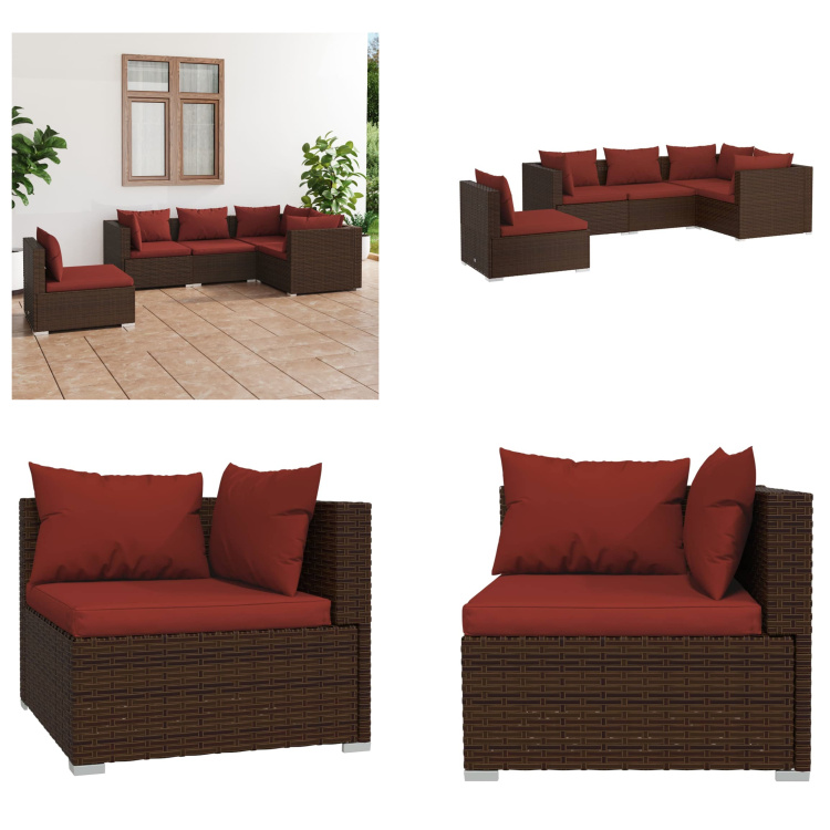 vidaXL 5-częściowy zestaw wypoczynkowy do ogrodu z poduszkami z rattanu w kolorze brązowym - zestaw wypoczynkowy do ogrodu - zestawy wypoczynkowe do ogrodu - zestaw wypoczynkowy na patio - zestaw sof ogrodowych