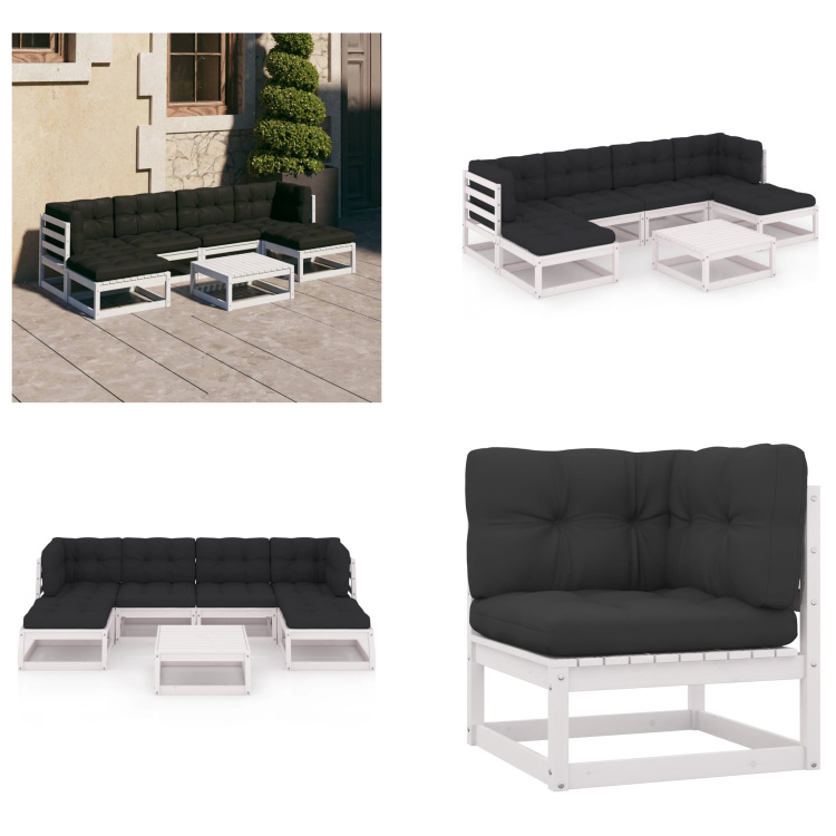 vidaXL 7-częściowy zestaw wypoczynkowy do ogrodu z poduszkami biała lita sosna - Zestaw mebli ogrodowych - Zestawy mebli ogrodowych - Zestawy mebli ogrodowych - Zestawy ogrodowe