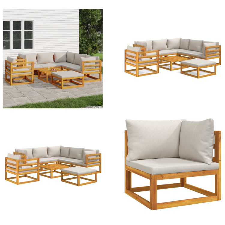 vidaXL 8-częściowy zestaw wypoczynkowy do ogrodu z jasnoszarymi poduszkami z litego drewna - Zestaw wypoczynkowy do ogrodu - Zestawy wypoczynkowe do ogrodu - Zestaw wypoczynkowy na zewnątrz - Zestaw wypoczynkowy na taras