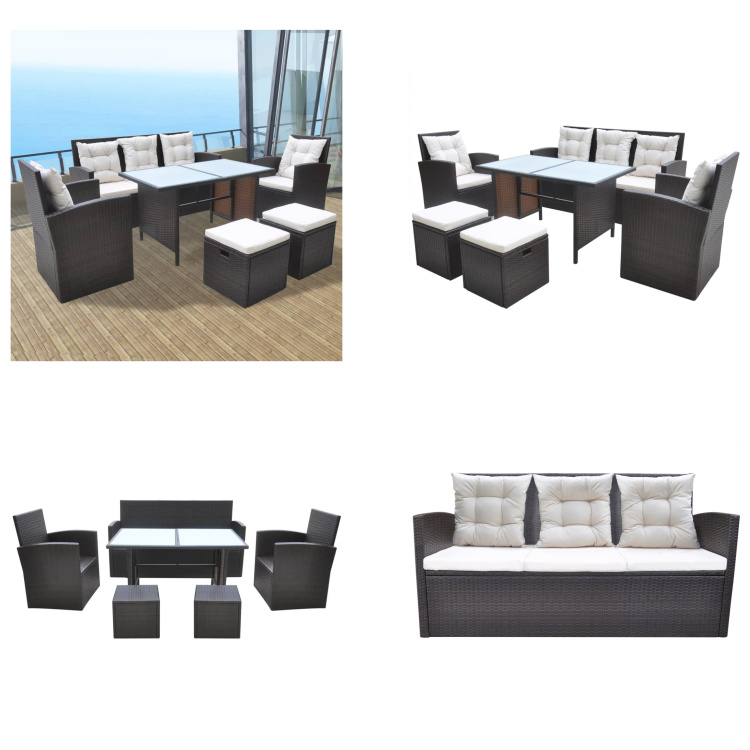 vidaXL 6-częściowy ogrodowy zestaw jadalniany z poduszkami z polirattanu brązowy - Zestaw mebli ogrodowych - Zestawy mebli ogrodowych - Stół ogrodowy - Stoły ogrodowe