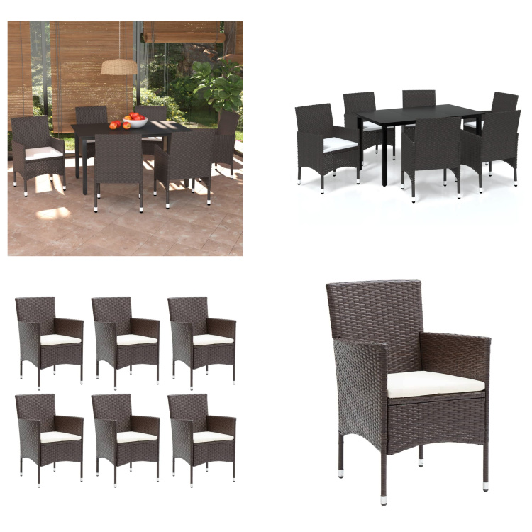 vidaXL 7-częściowy ogrodowy zestaw do jadalni z poduszkami z rattanu w kolorze brązowym - Zestaw do jadalni - Zestawy do jadalni - Ogrodowy zestaw do jadalni - Ogrodowe zestawy do jadalni