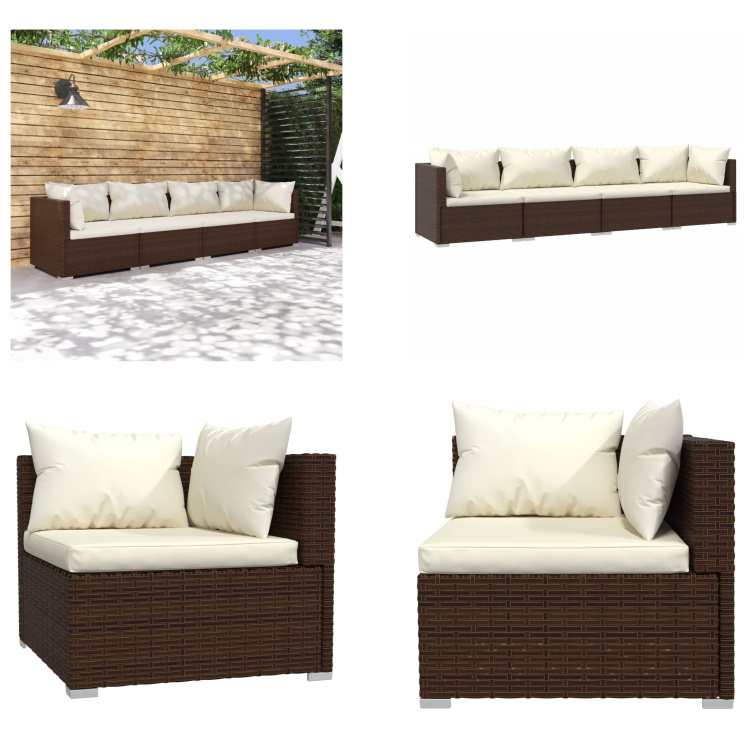 vidaXL 4-częściowy zestaw wypoczynkowy do ogrodu z poduszkami z polirattanu brązowy - zestaw wypoczynkowy do ogrodu - zestawy wypoczynkowe do ogrodu - zestaw wypoczynkowy na patio - zestaw sof na patio