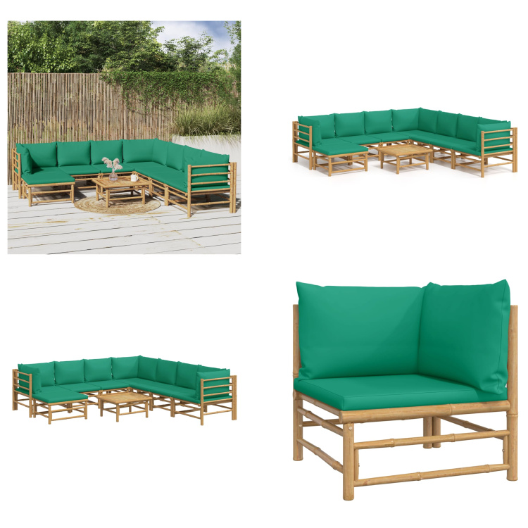 vidaXL 9-częściowy zestaw wypoczynkowy do ogrodu z zielonymi poduszkami bambusowymi - Zestaw wypoczynkowy do ogrodu - Zestawy wypoczynkowe do ogrodu - Zestaw wypoczynkowy - Zestaw mebli ogrodowych