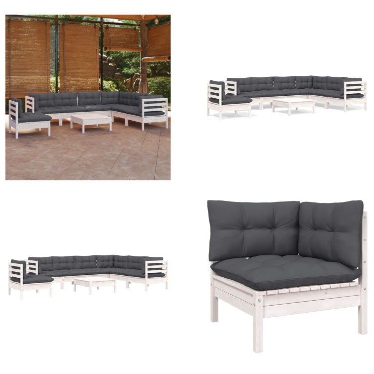 vidaXL 8-częściowy zestaw wypoczynkowy do ogrodu z poduszkami białe lite drewno sosnowe - Zestaw wypoczynkowy do ogrodu - Zestawy wypoczynkowe do ogrodu - Zestaw mebli ogrodowych - Zestawy mebli ogrodowych