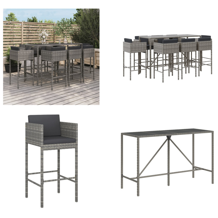 vidaXL 9-częściowy ogrodowy zestaw barowy z poduszkami z szarego polirattanu - ogrodowy zestaw barowy - ogrodowe zestawy barowe - ogrodowy zestaw barowy - bar ogrodowy