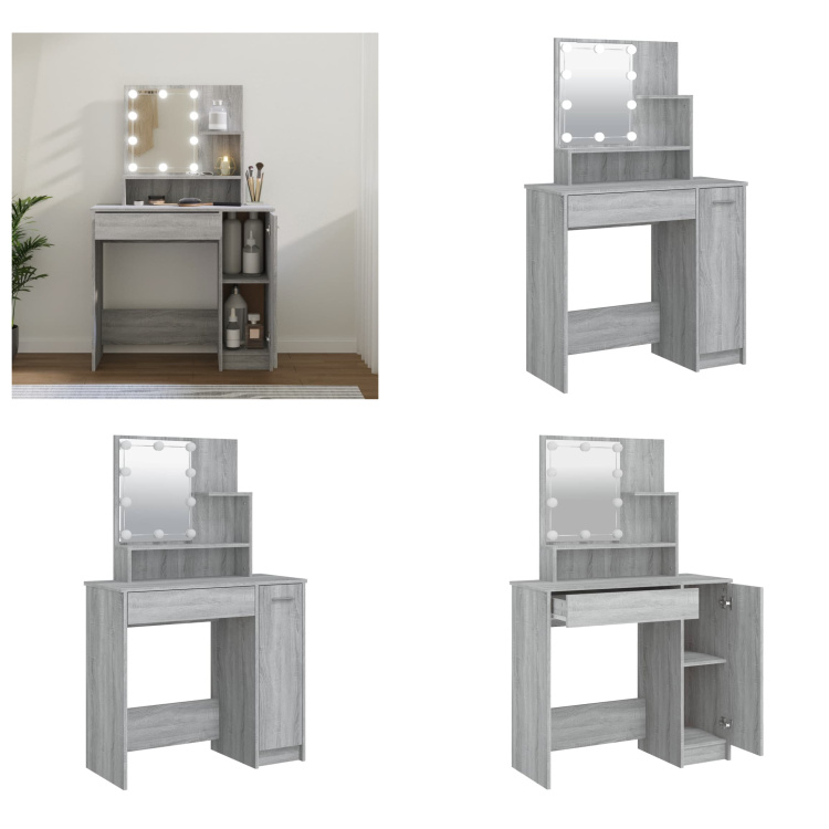 vidaXL Toaletka z diodami LED szara Sonoma 86,5x35x136 cm - Toaletka - Stolik do makijażu - Stolik kosmetyczny - Toaletka