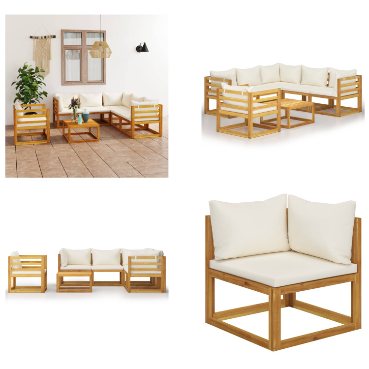 vidaXL 7-częściowy zestaw wypoczynkowy do ogrodu z poduszkami kremowy z litego drewna akacjowego - Zestaw wypoczynkowy do ogrodu - Zestawy wypoczynkowe do ogrodu - Zestaw sof modułowych - Zestawy sof modułowych