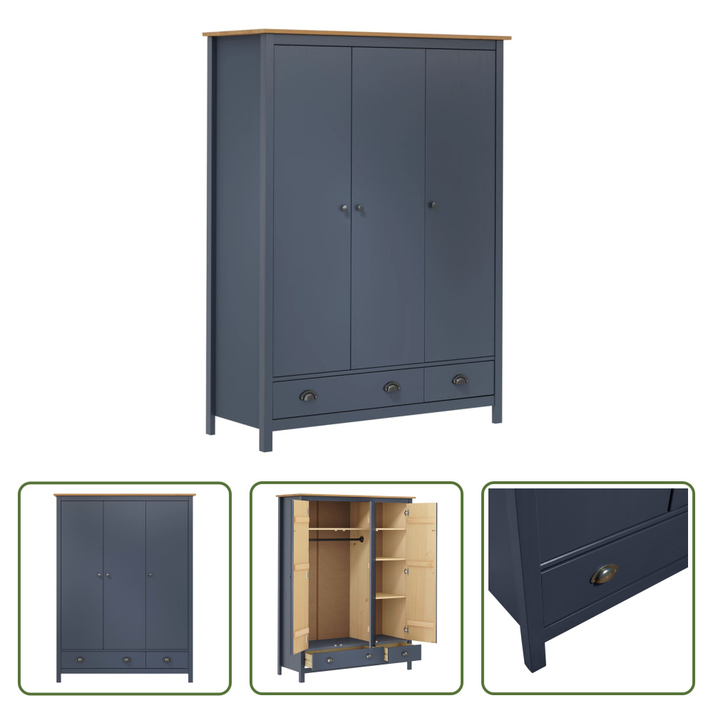 The Living Store Szafa z 3 drzwiami Hill Grey 127x50x170 cm drewno sosnowe
