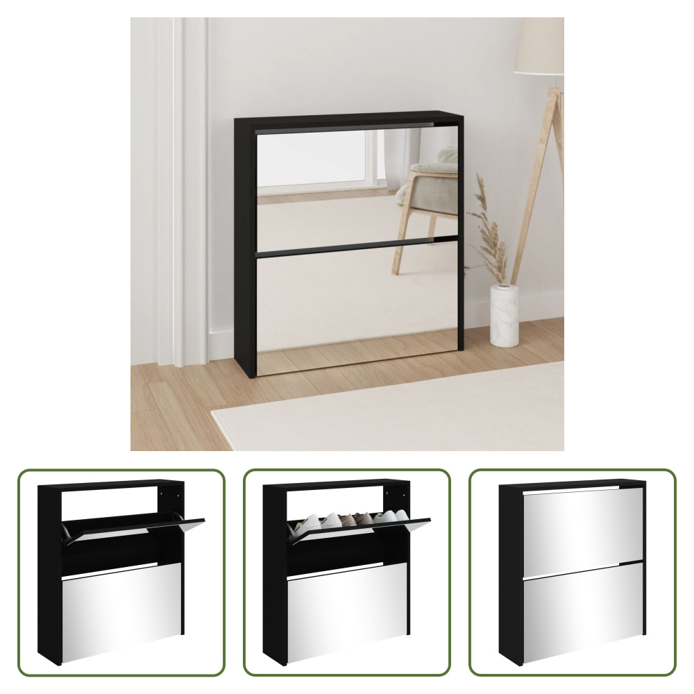 The Living Store Szafka na buty z lustrem 2 przegrody Czarna 63x17x67 cm