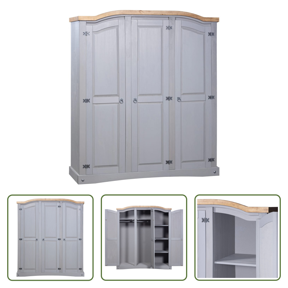 The Living Store Szafa w stylu meksykańskim drewno sosnowe 3 drzwi szary