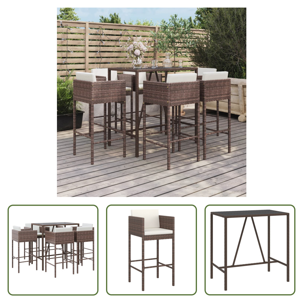 The Living Store 7-częściowy ogrodowy zestaw barowy z poduszkami z brązowego polirattanu