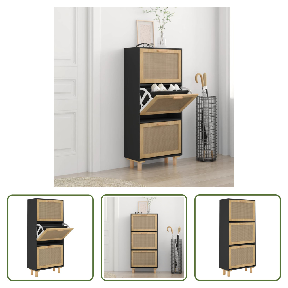 The Living Store Szafka na buty czarna 52x25x115 cm materiał drewnopochodny i naturalny rattan