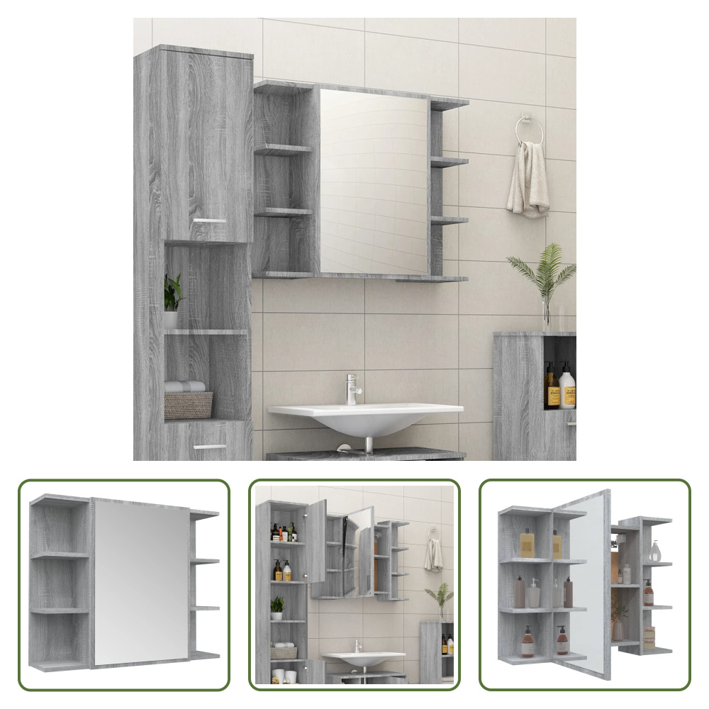 The Living Store Szafka łazienkowa z lustrem Grey Sonoma 80x20,5x64 cm Materiał drewnopochodny