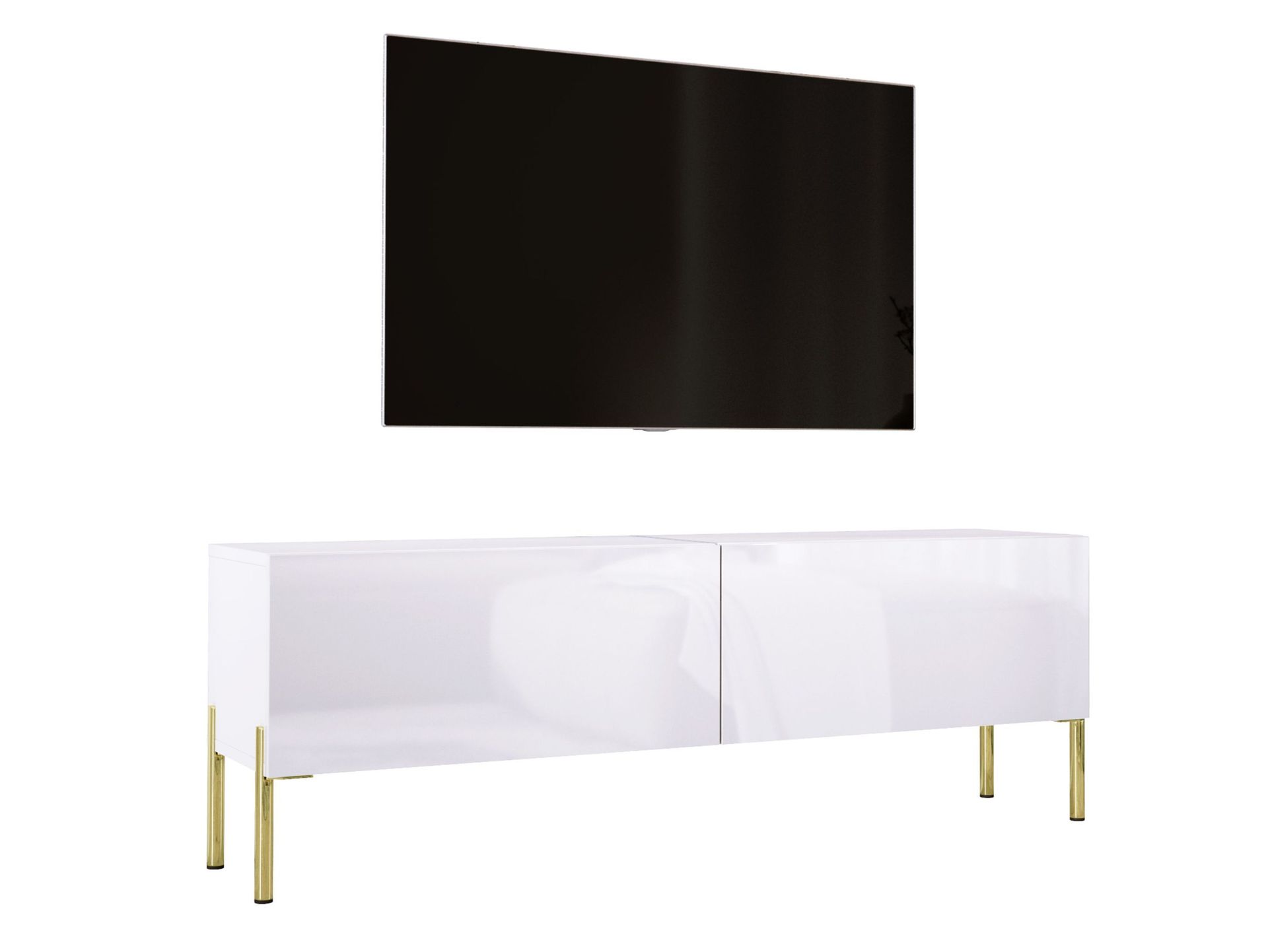 Szafka pod telewizor w kolorze białym matowym / białym błyszczącym z nogami w kolorze złotym, A: szer: 140 cm cm, wys: 52 cm, gł: 32 cm. Meble pod telewizor, stolik pod telewizor, ława pod telewizor
