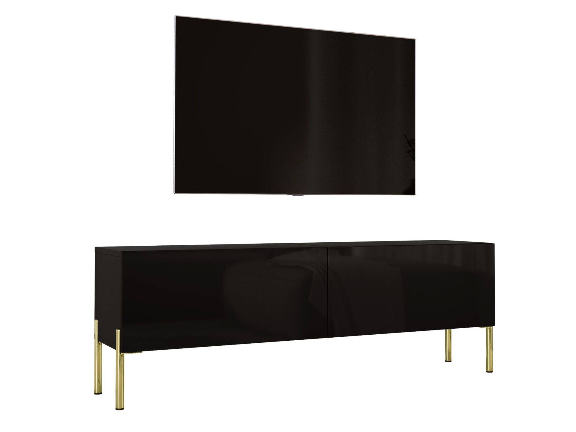 Szafka pod telewizor w kolorze czarnym matowym z nogami w kolorze złotym, A: szer: 140 cm cm, wys: 52 cm, gł: 32 cm. Meble pod telewizor, stolik pod telewizor, ława pod telewizor
