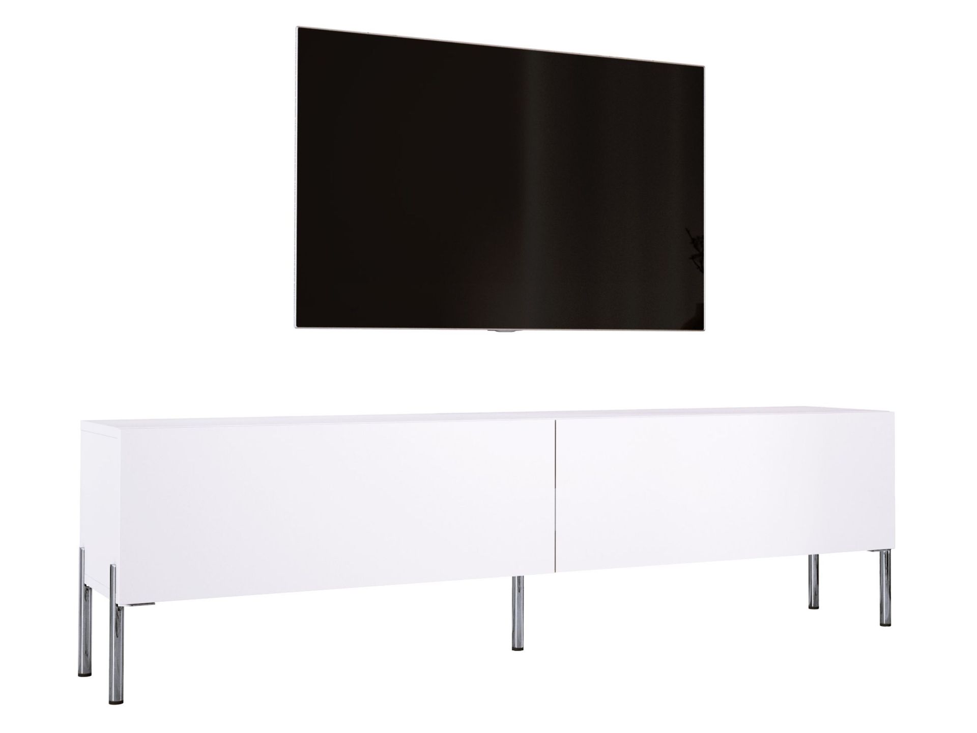 Szafka pod telewizor w kolorze białym matowym z chromowanymi nogami, A: szer: 170 cm cm, wys: 52 cm, gł: 32 cm. Meble pod telewizor, stolik pod telewizor, ława pod telewizor