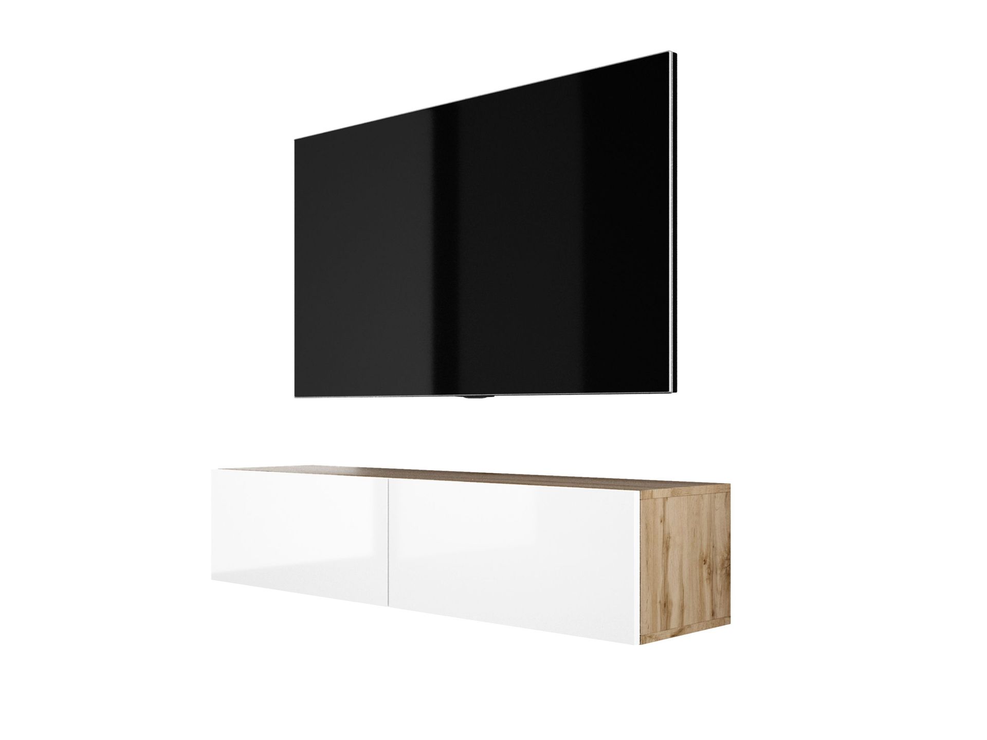 Wisząca szafka pod telewizor (szer.: 140 cm, wys.: 34 cm, gł.: 32 cm) szafka dolna, szafka pod telewizor, szafka pod telewizor w kolorze dąb Wotan/biały połysk