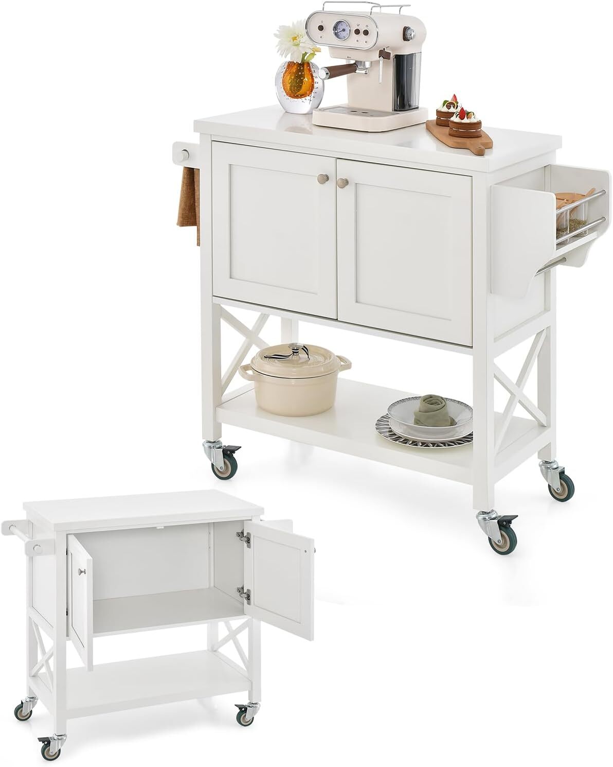 KOMFOTTEU Wózek do serwowania biały, wózek kuchenny z szafką z podwójnymi drzwiami i otwartą półką, uchwytem na ręcznik i stojakiem na przyprawy, 100x38x87 cm