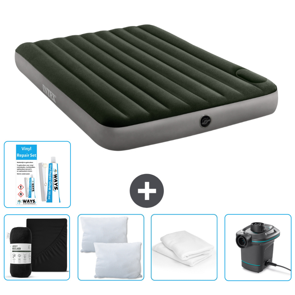 Dmuchane łóżko Intex - 2 osoby - 152 x 203 x 25 cm - zielone - prześcieradło - pompka - zestaw naprawczy en ochraniacz na poduszkę