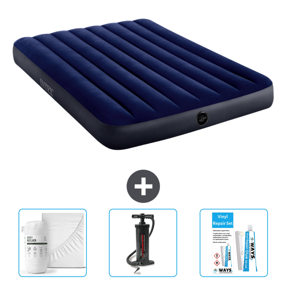 Łóżko powietrzne Intex - Łóżko podwójne - 137 x 191 x 25 cm - Niebieski - Zawiera prześcieradło - Pompka i zestaw naprawczy