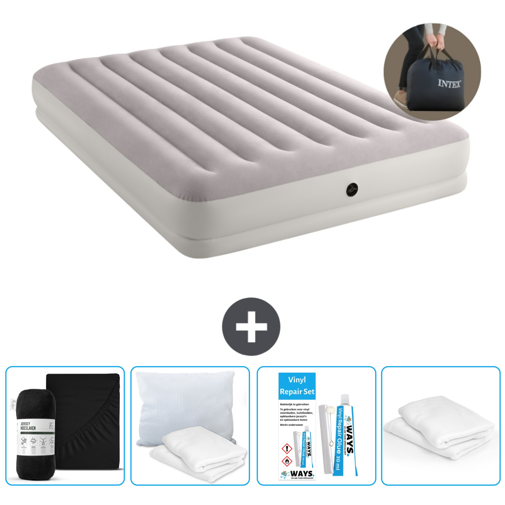 Łóżko powietrzne Intex - 2 osoby - 152 x 203 x 30 cm - Szare - Z pompką - Prześcieradło - Całowanie - Zestaw naprawczy en Ochraniacz na poduszkę