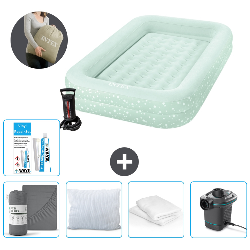 Materac dmuchany Intex Kidz - 1 osoba - 107 x 168 x 25 cm - Miętowa zieleń - W zestawie pompka - prześcieradło - pompka - zestaw naprawczy en ochraniacz na poduszkę