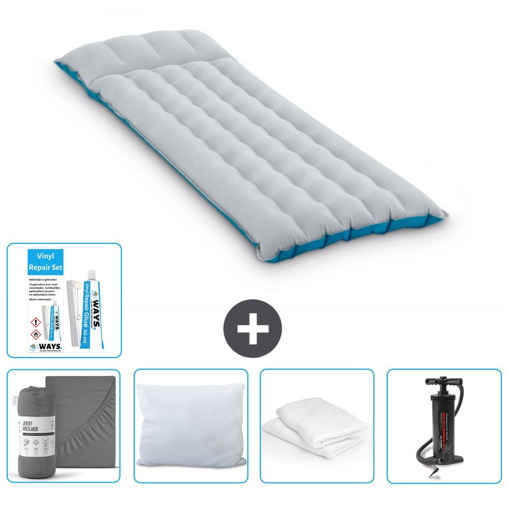 Mata kempingowa Intex - 1 osoba - 67 x 184 x 17 cm - niebieska - zawiera prześcieradło - pocałunek - pompkę - zestaw naprawczy i ochraniacz na poduszkę