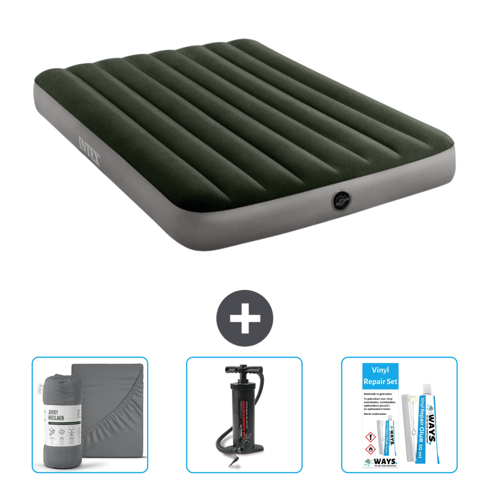 Łóżko powietrzne Intex - Łóżko podwójne - 137 x 191 x 25 cm - Zielony - Zawiera prześcieradło - Pompka i zestaw naprawczy