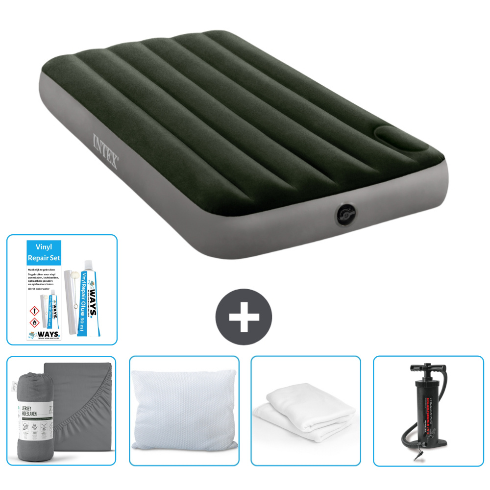 Dmuchane łóżko Intex - 1 osoba - 99 x 191 x 25 cm - zielone - prześcieradło - całowanie - pompka - zestaw naprawczy en ochraniacz na poduszkę