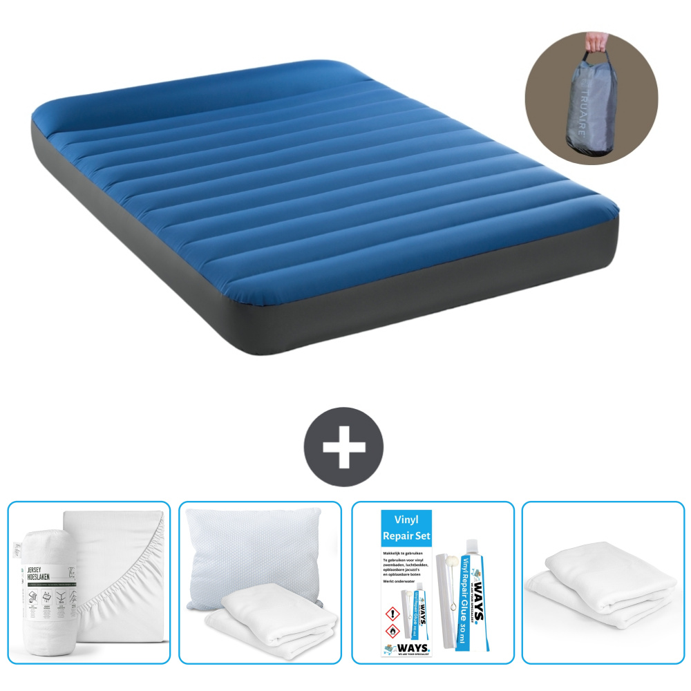 Łóżko powietrzne Intex - Łóżko podwójne - 137 x 191 x 22 cm - Niebieski - W zestawie pompka - Prześcieradło - Zestaw naprawczy i ochraniacz na poduszkę