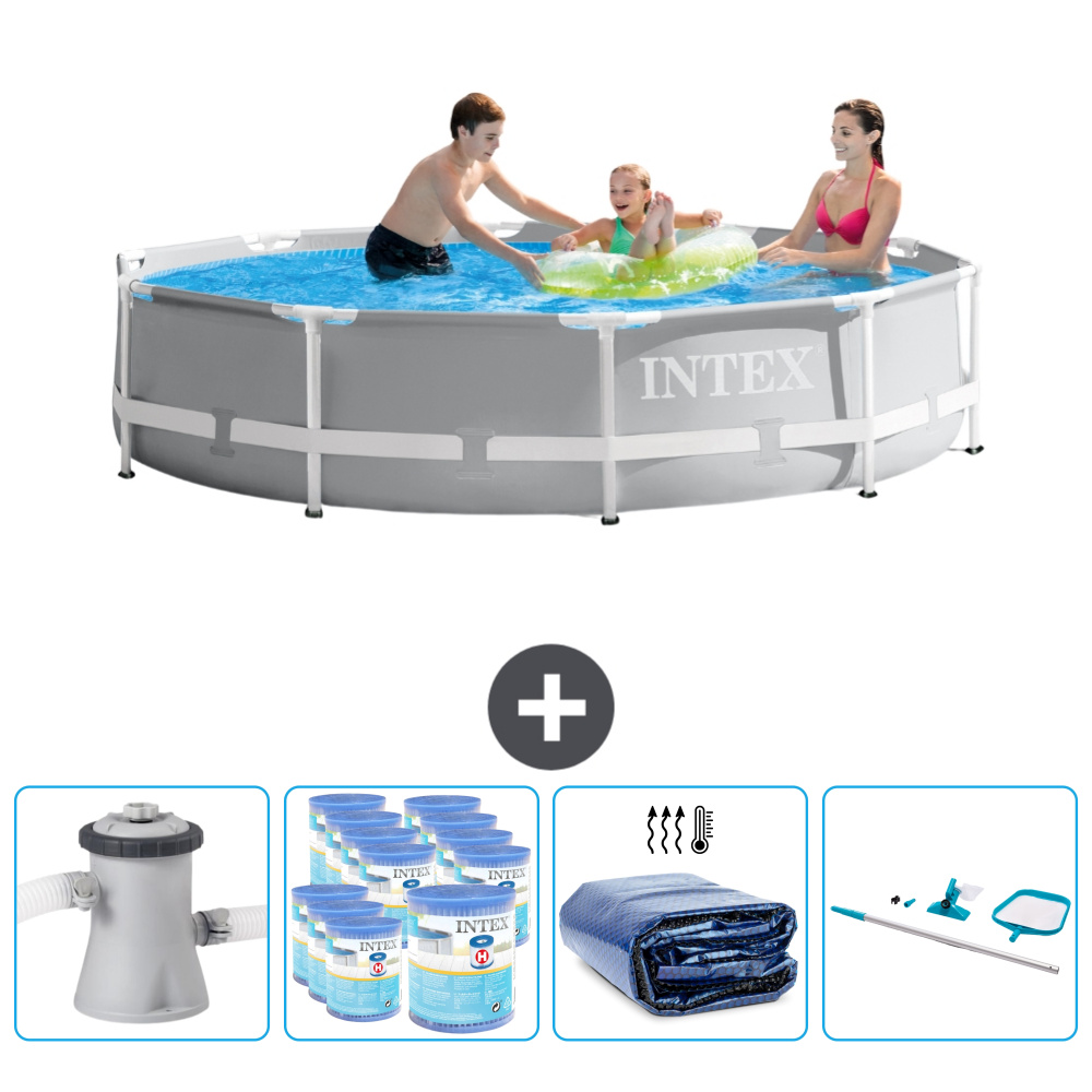 Basen Intex Round Prism Frame - 305 x 76 cm - szary - w zestawie pompa - filtr - żagiel przeciwsłoneczny - zestaw do czyszczenia