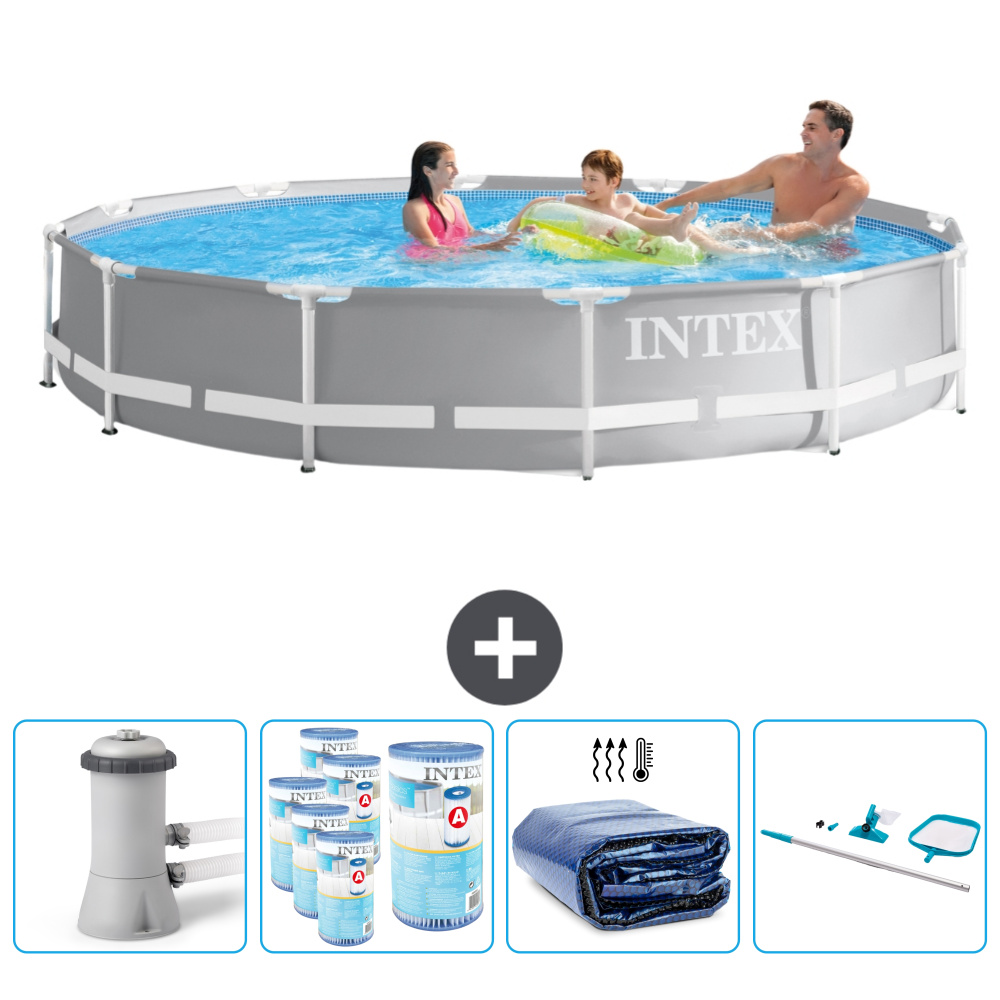 Basen Intex Round Prism Frame - 366 x 76 cm - szary - w zestawie pompa - filtr - żagiel przeciwsłoneczny - zestaw do czyszczenia