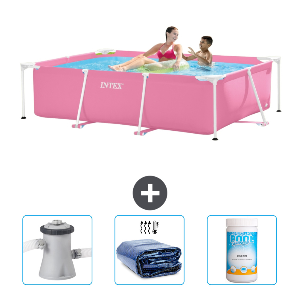 Basen Intex z prostokątną ramą - 220 x 150 x 60 cm - Różowy - W zestawie Pompa filtrująca do basenu - Żagiel przeciwsłoneczny - Chlor