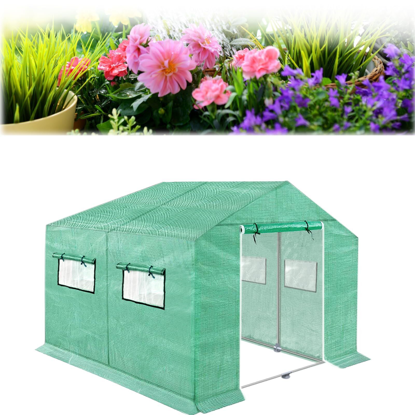 VA-Cerulean szklarnia z folii aluminiowej do użytku zewnętrznego 3 x 2x 2 m zestaw szklarniowy z drzwiami tunelowymi i oknami do uprawy roślin ogrodowych, zielony