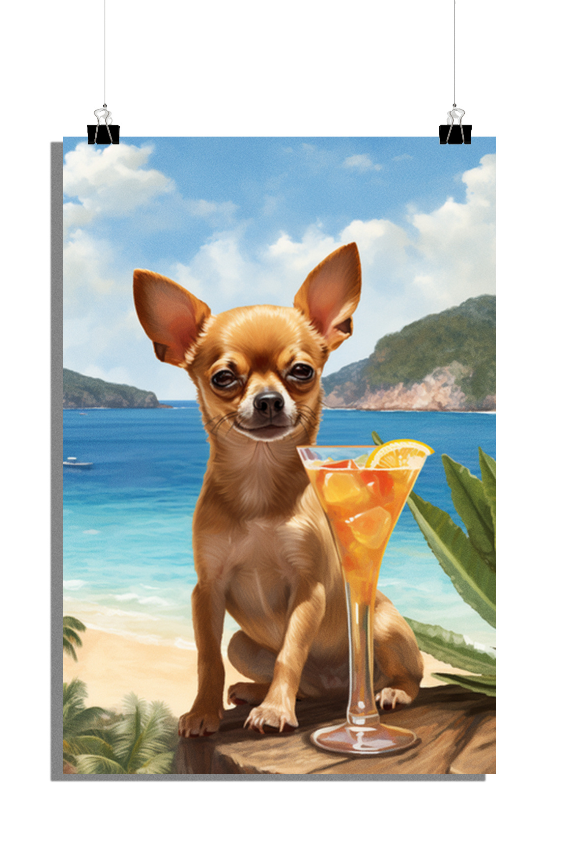 Plakat zwierzęcy - Plakat Chihuahua - Plakat koktajlowy - Plakat plażowy - Plakat podróżniczy - Plakat natura - 51x71cm - Idealny do oprawienia w ramkę