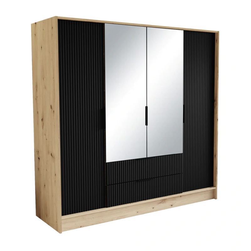 Szafa z drzwiami skrzydłowymi NOEMI, 4-drzwiowa szafa z 2 szufladami i 2 lustrami, nowoczesna szafa, wymiary szafy: 200 x 200 x 51 cm