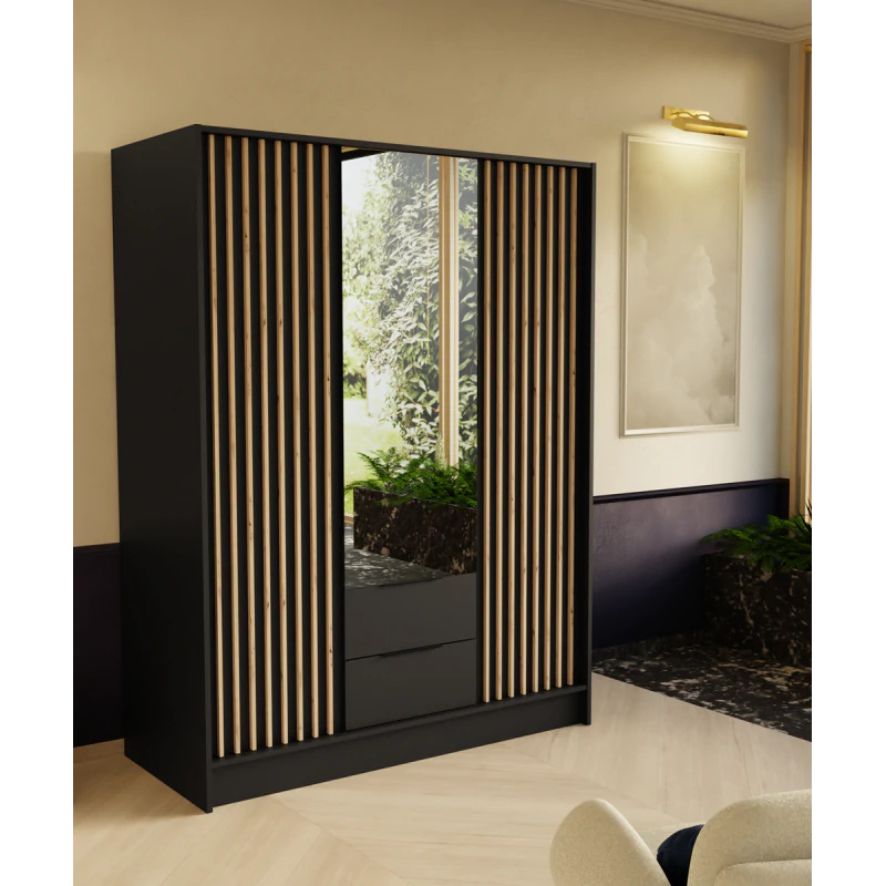 Szafa z drzwiami skrzydłowymi ORE, 3-drzwiowa szafa z 2 szufladami i lustrem, nowoczesna szafa, wymiary szafy: 150 x 200 x 51 cm