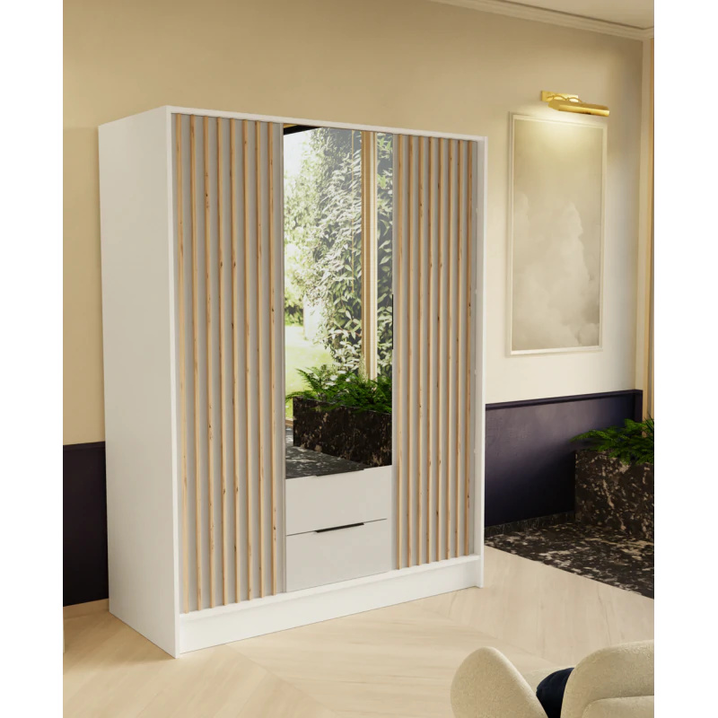 Szafa z drzwiami skrzydłowymi ORE, 3-drzwiowa szafa z 2 szufladami i lustrem, nowoczesna szafa, wymiary szafy: 150 x 200 x 51 cm