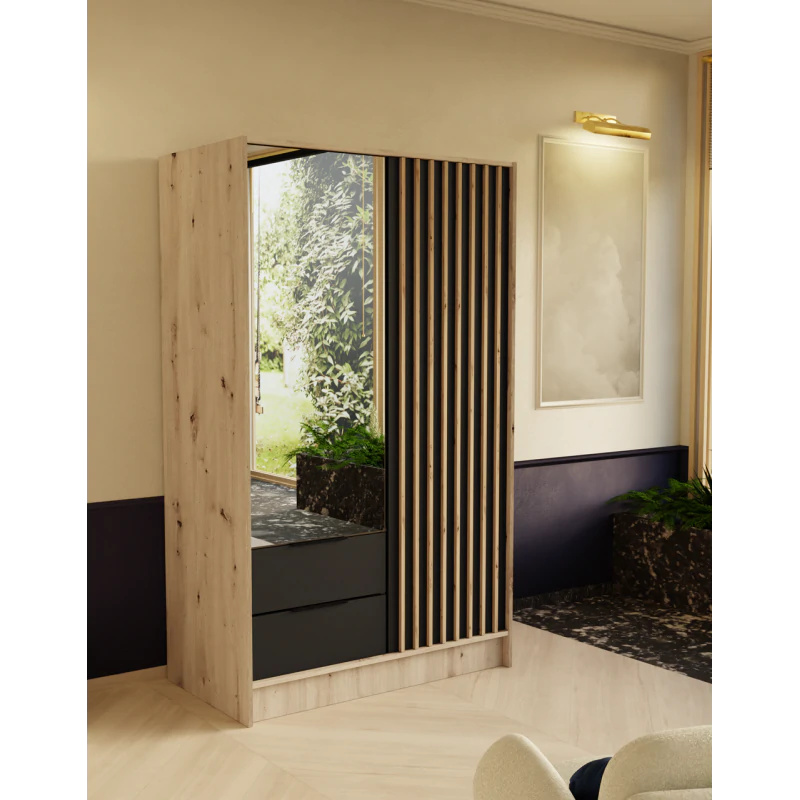 Szafa z drzwiami skrzydłowymi ORE, 2-drzwiowa szafa z 2 szufladami i lustrem, Nowoczesna szafa, Wymiary szafy: 102 x 200 x 51 cm