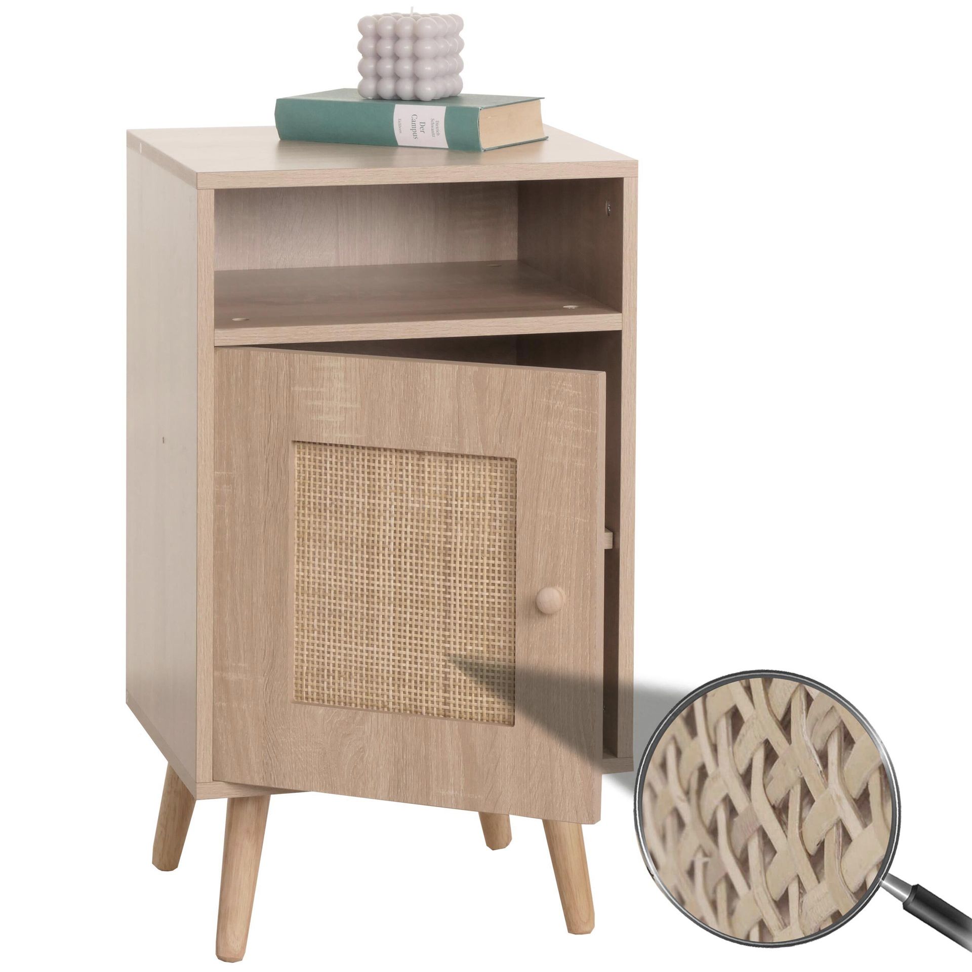 Stolik nocny HWC-M39, szafka nocna stolik kawowy stolik nocny, schowki, drewno Kubu rattan melamina, wygląd dąb 71x40x41cm