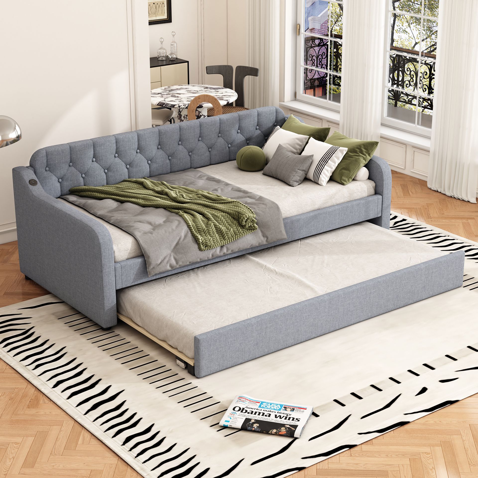 Flieks rozkładana sofa 90x200cm z USB, łóżko tapicerowane z wysuwanym łóżkiem, łóżko dzienne dla gości z listwowym stelażem, łóżko pojedyncze drewniane, pościel, szary