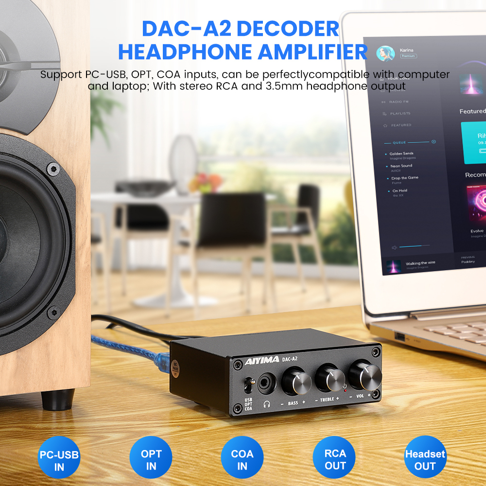 Audio DAC, przetwornik cyfrowo-analogowy, kino domowe hi-fi, czarny